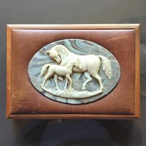 Vintage Dante American Walnut Carved Mare & Colt Jewelry Trinket Dresser Box